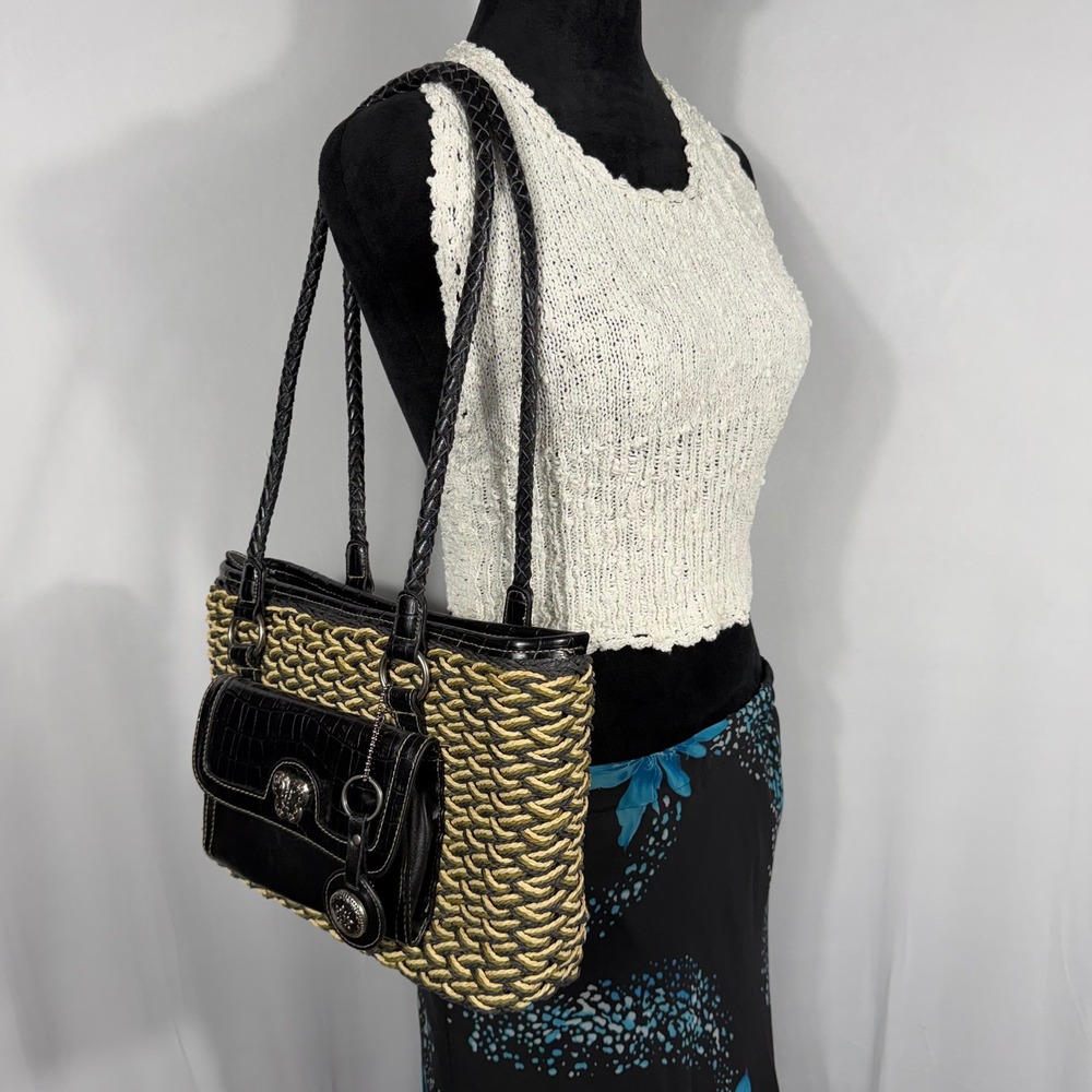Vtg Y2K BUENO Woven Straw Shoulder Bag Croc Trim Butterfly Western Boho NWOT